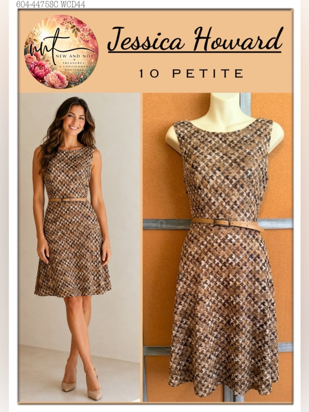 Jessica Howard 10P Brown Geometric Knit Overlay Fit Flare Dress Belted